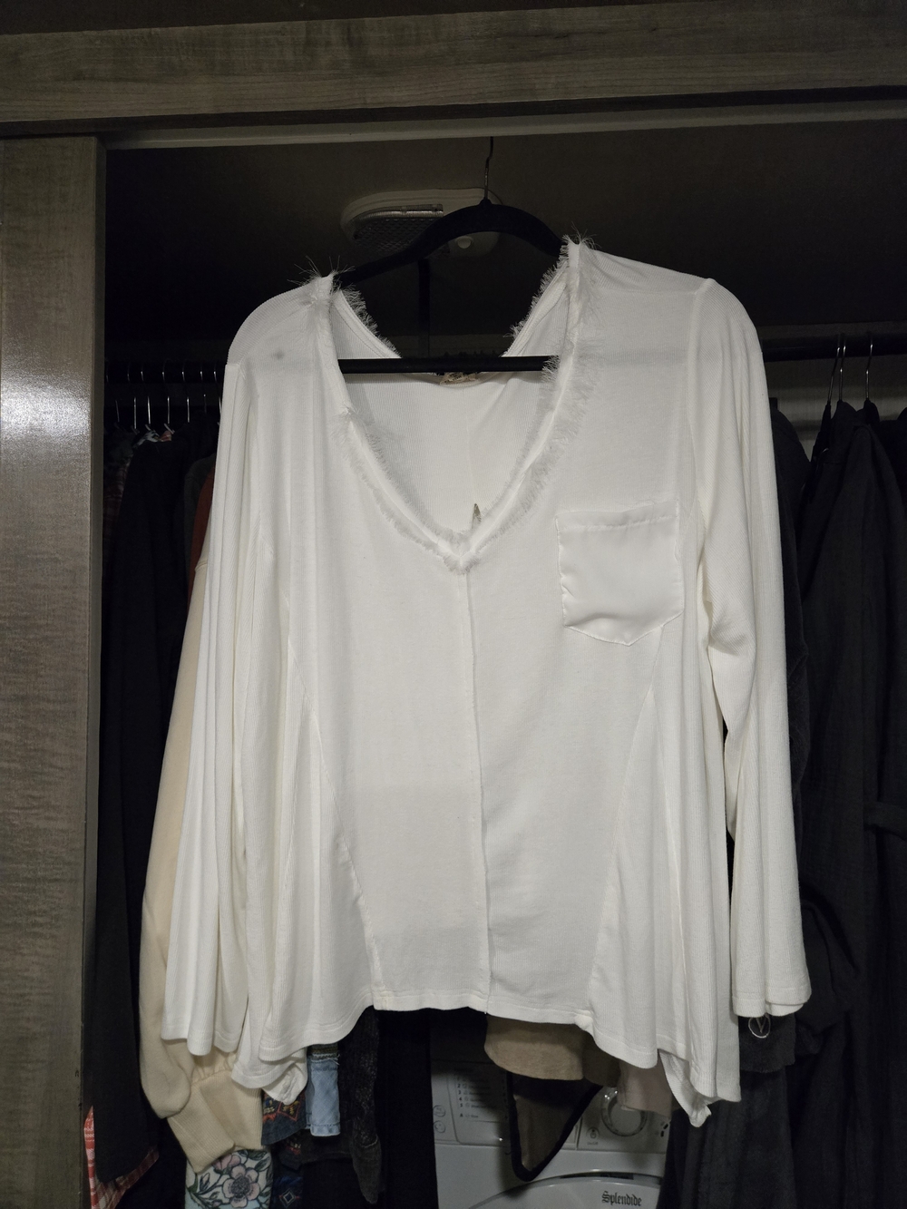 POL White Long Sleeve V-Neck Top with Frayed Trim